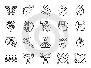 Pensamiento conjunto compuesto por iconos. incluido iconos cómo pensar creativo cerebro, no importa un favor a 